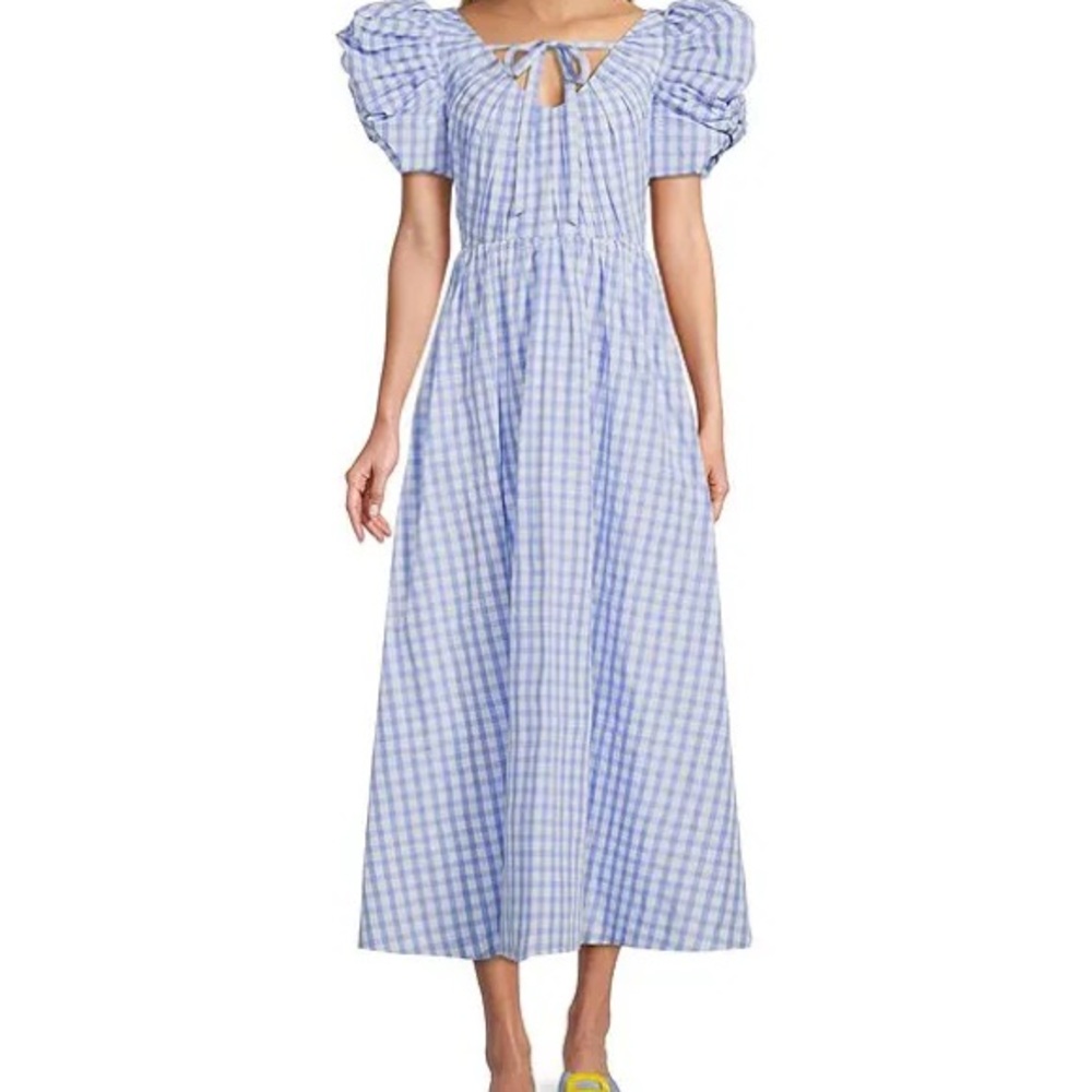 Antonio Melani gingham tie neck puff sleeve midi dress